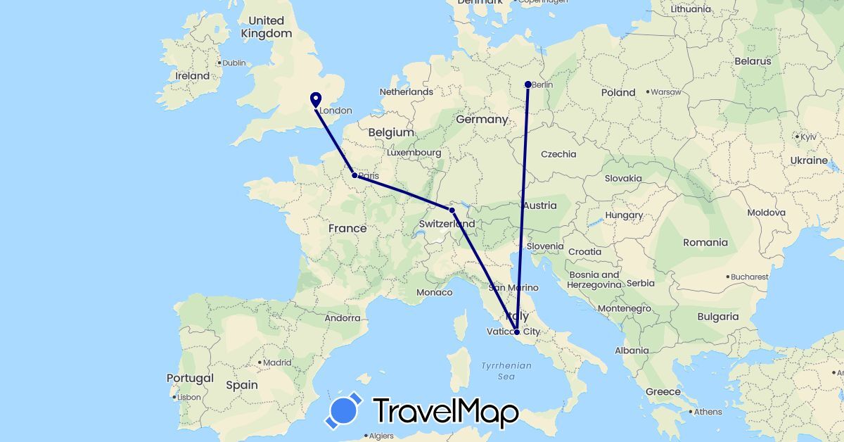 TravelMap itinerary: driving in Switzerland, Germany, France, United Kingdom, Italy (Europe)